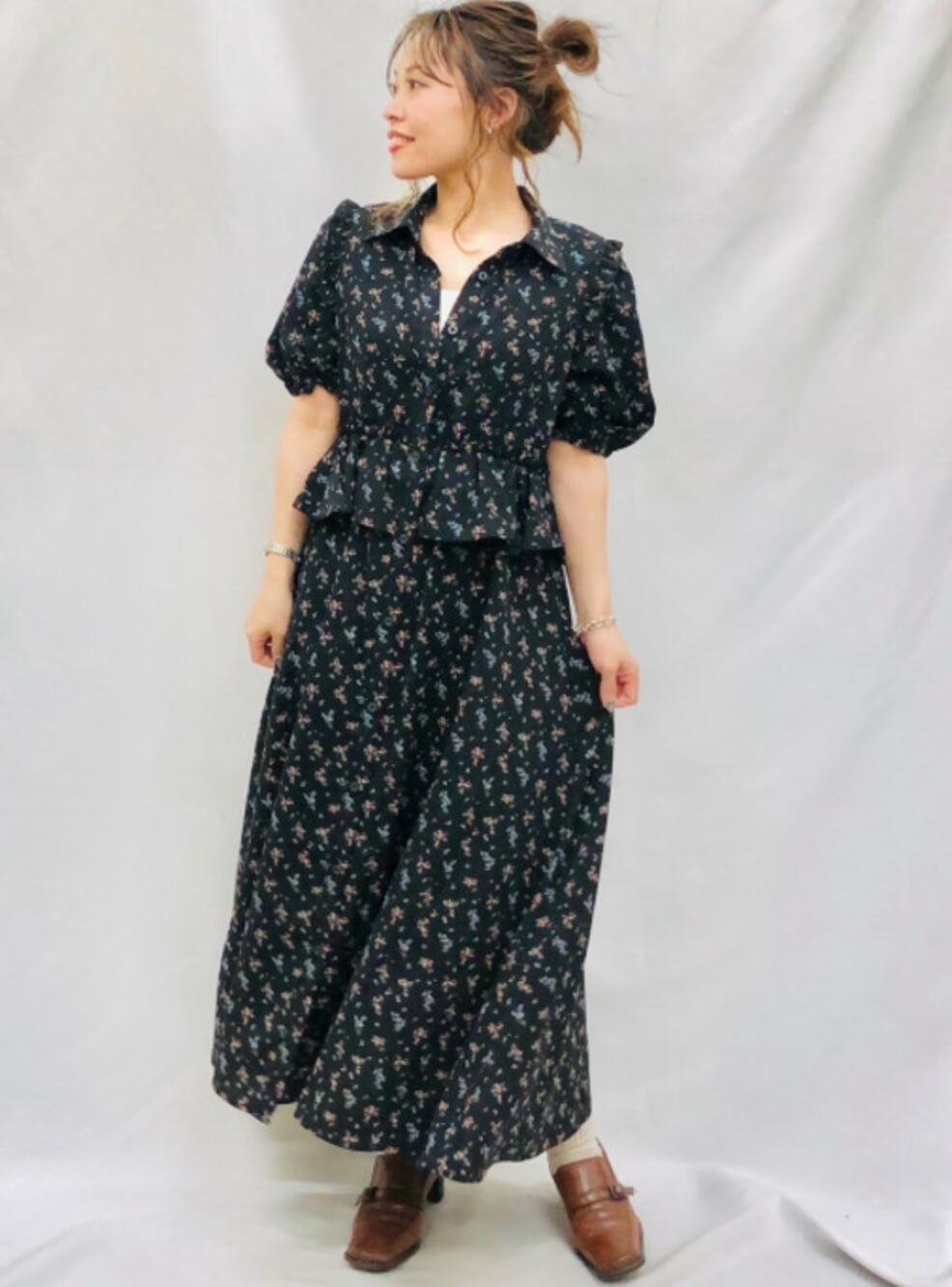 rokh x GU Floral Shirt Dress Puff Sleeve Ruffle Peplum Maxi Cottagecore Midi